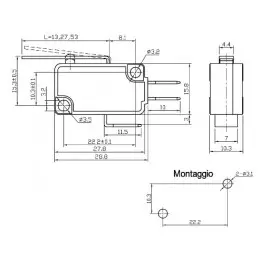 Finecorsa in miniatura a leva 27 mm 1NA+1NC contatti a saldare