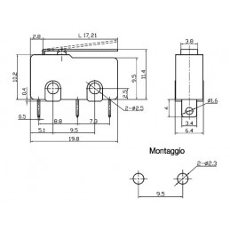 Finecorsa in subminiatura a leva 17mm 1NA+1NC contatti a saldare