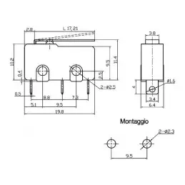 Finecorsa in subminiatura a leva 17mm 1NA+1NC contatti a saldare