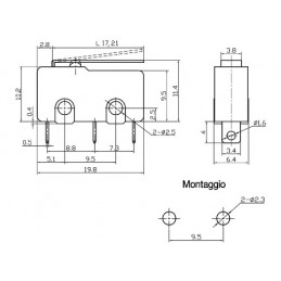 Finecorsa in subminiatura a leva 21mm 1NA+1NC contatti a saldare