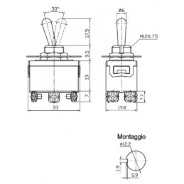 dimensioni Deviatore bipolare a leva a 6 contatti foro di incasso 12,2 mm