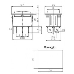 Comutatore a pulsante a tre posizione OFF centrale 31,5x25 dimensioni